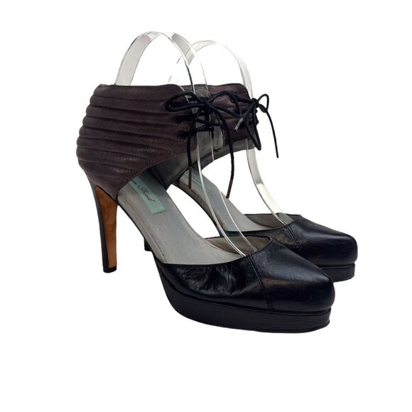 Geren Ford Tess Ankle Tie Heels Size 7.5 Ladies Black and Taupe Leather Pinup - Picture 6 of 9